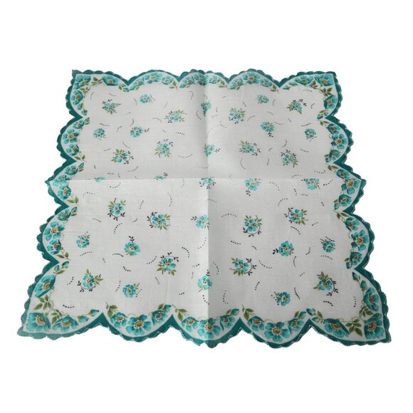 Handkerchief Hanky Hankie Vintage Teal with Floral Design - Picture 2 of 2